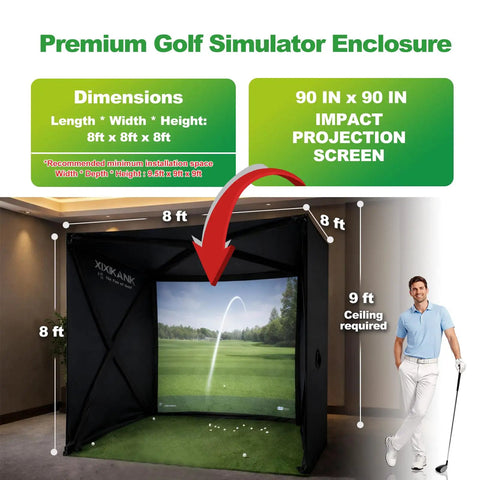 Home Golf Simulator Enclosure Complete Set With Heavy Duty Frame And HD Impact Screen 8x8 Ft Setup in room with golfer