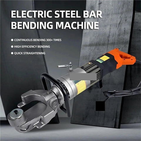 Heavy Duty Portable Electric Rebar Cutter And Hydraulic Steel Bar Bender Featuring Integrated Threading Straightening And Lightning Fast Cutting Grind For Job Site Ready Use, close-up of electric steel bar bending machine.