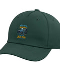 Classic Five Panel Dark Green Baseball Hat For Machinists And CNC Tools Fans With Adjustable Printed Vise Gauge Square Design, side view with logo