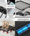 Collage of adjustable invisible clothes drying rack, aluminum frame, soft-close rails, hydraulic damping, and weight capacity test.