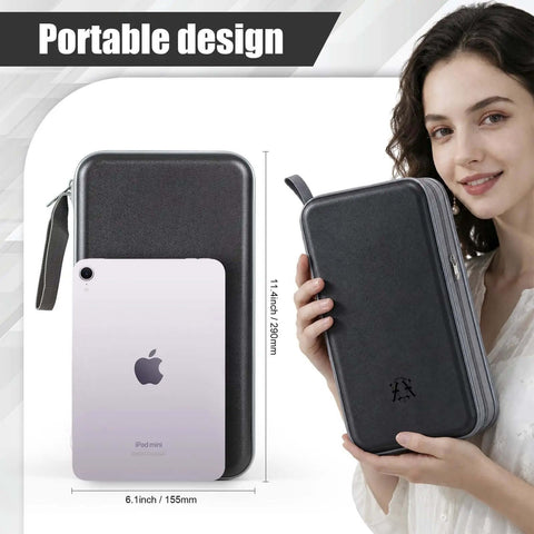 Kickass Heavy Duty CD Case For Cars With 96 Disc Capacity Hard Plastic DVD Organizer Wallet held next to an iPad Mini for size reference.