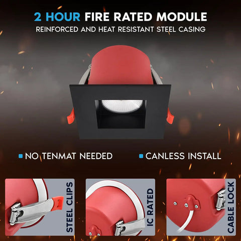 2HR fire rated module with reinforced steel casing for 12-Pack 4 Inch Square LED Recessed Lights J Box 1000 Lumens 5CCT.