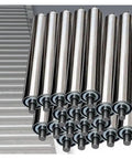 20 Pack Stainless Steel Conveyor Rollers Non Motorized Belt Rollers For Light Duty Material Handling and Logistics With Legit Smooth Glide and Kickass Durability Featuring One Inch Shaft Plus Seventeen Inch Length Design stacked in a display.