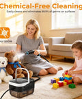 Woman using Handheld One Point Two Five Liter Steam Cleaner With Killer Steam Power And Fast High Output For Chemical Free Auto Wash And Kitchen Or Garage Grease Removal In Smooth White Design That Beats Every Stain Dead on teddy bear.