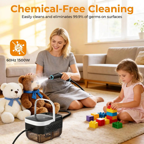 Woman using Handheld One Point Two Five Liter Steam Cleaner With Killer Steam Power And Fast High Output For Chemical Free Auto Wash And Kitchen Or Garage Grease Removal In Smooth White Design That Beats Every Stain Dead on teddy bear.