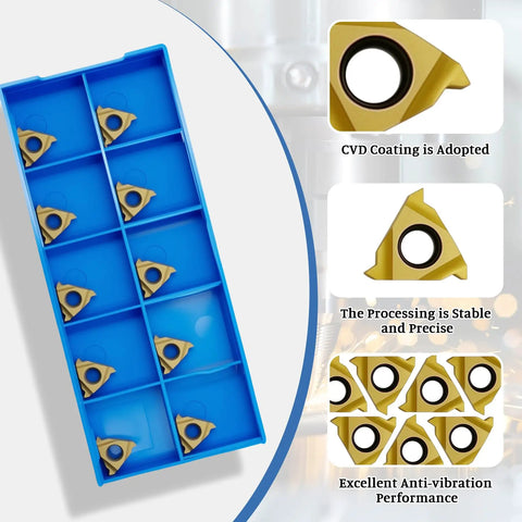 11ER A60 External Threading Carbide Inserts Pack For Steel, 60 Degree Right Hand Turning Inserts For Lathe, 10 pieces in blue box