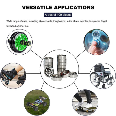 100 Pack 608 Ball Bearings High Precision Deep Groove Bearings for fidget spinners, shown with versatile applications