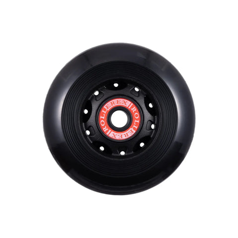 VXT500 Inline Skate Wheels 4 Pack With Optional Bearings Spacers And Washers Durable Replacement Roller Blade Wheels For Indoor And Outdoor Skating 72mm Steel Black, featuring a single black wheel with red center