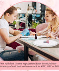 Women using 4 Pack Nail Dust Collector Filters Reusable Replacement Filters For Nail Machines No Spillin For Salon And Home Use Easy To Clean With Hair Dryer Or Brush Ideal For Mani Tools on nail table.