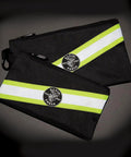 Black tool pouches with high-visibility strips, designed for Tradesman Pro High Visibility Tool Bag With 42 Pockets, Stay Open Top