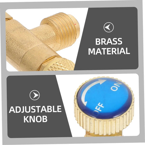 Close-up of Heavy Duty Brass Refrigerant Valve Adapter Swaps R410 To R22 with brass material and adjustable knob.