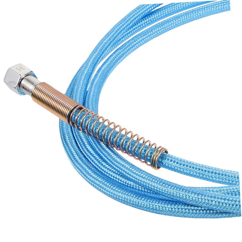 High Temperature Steam Hose Replacement Tube For Steam Irons, Heavy Duty, braided blue exterior, brass connector, close-up