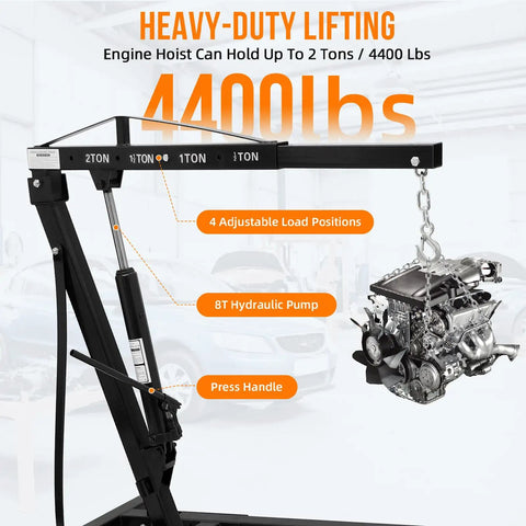 Shop Certified 2 Ton Hydraulic Engine Hoist Cherry Picker For Classic Rides 4400 Lbs, showing 8T hydraulic pump and adjustable load positions.