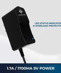 Beefy 9V Guitar Pedal Power Supply With 1.7A Regulated Output, LED indicator and overload protection, black finish.