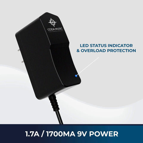 Beefy 9V Guitar Pedal Power Supply With 1.7A Regulated Output, LED indicator and overload protection, black finish.