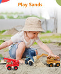 Toddler playing with Awesome Realistic Kids Construction Toys Set with excavator, crane, dump truck, and cement mixer in sandbox.