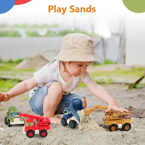 Toddler playing with Awesome Realistic Kids Construction Toys Set with excavator, crane, dump truck, and cement mixer in sandbox.