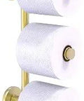Prestige Skyline 3 Roll Reserve Toilet Paper Holder Satin Brass Finish, showcasing three rolls with solid brass construction.