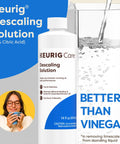 Bottle of Keurig Descaling Solution beside glass of water, promoting Brewer Cleanse Kit For Descaling And Maintenance With Descaling Solution And Rinse Pods For K Cup Coffee Makers 5 Count Compatible With Classic 1.0 And 2.0 Models That Delivers Quick Cleanups Between Brews And Helps Preserve Flavor.
