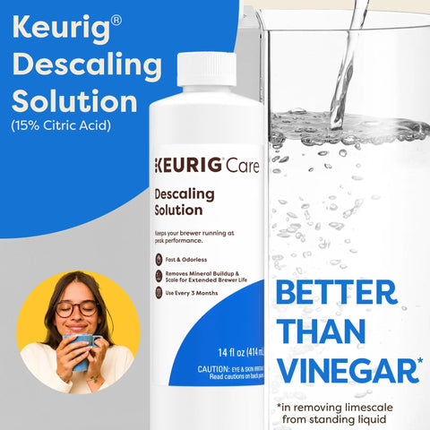 Bottle of Keurig Descaling Solution beside glass of water, promoting Brewer Cleanse Kit For Descaling And Maintenance With Descaling Solution And Rinse Pods For K Cup Coffee Makers 5 Count Compatible With Classic 1.0 And 2.0 Models That Delivers Quick Cleanups Between Brews And Helps Preserve Flavor.