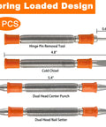 4 Piece Dual Head Nail Setter And Center Punch Kit With Hammerless Cold Chisel and Hinge Pin Removal tools displayed.