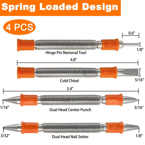 4 Piece Dual Head Nail Setter And Center Punch Kit With Hammerless Cold Chisel and Hinge Pin Removal tools displayed.