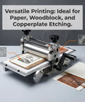 Beefy Heavy Duty Steel Roller Frame Assembly For Printmaking Machines Includes Manual Etching Press Lever Desktop Flatbed Printing Components Plate Holder And Linoleum Studio Artwork Accessory, steel roller frame with woodblock print