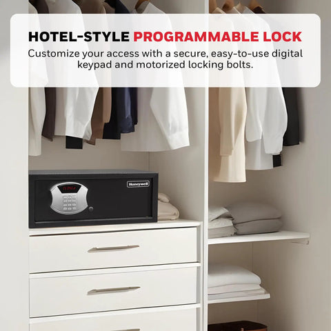 Beefy Low Profile Steel Safe With Hotel Style Digital Lock 1.14 Cu Ft Cash Safe on a shelf in a closet