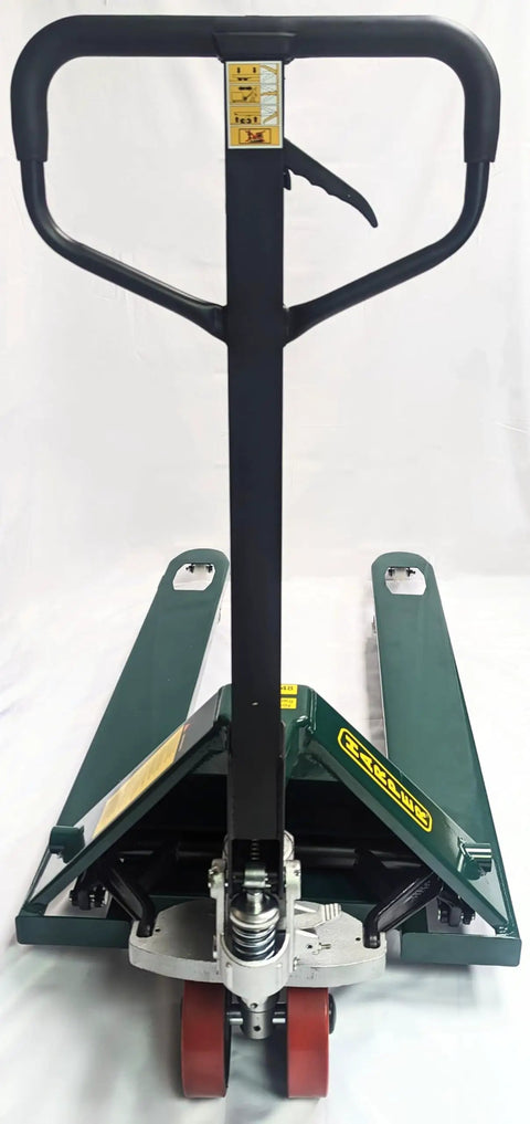 Heavy Duty Manual Hydraulic Pallet Jack With 27 By 48 Inch Forks 5500 Lb Capacity showing handle and fork on a white background.