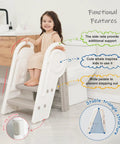 Hassle Free Three Step Bathroom Stool For Toddlers With Adjustable Handlebars Built Tough And Foldable Includes Faucet Extender Top Notch Design, toddler sitting on white folding stool with side rails.