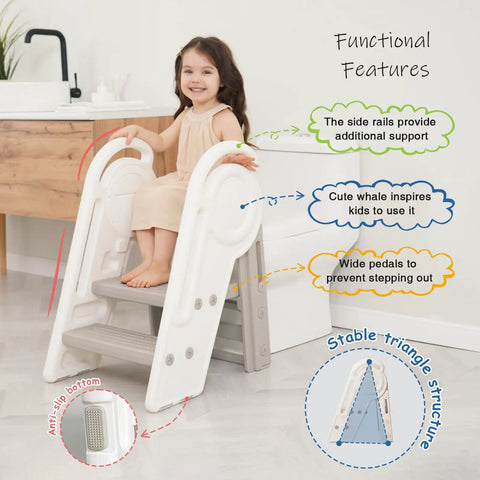 Hassle Free Three Step Bathroom Stool For Toddlers With Adjustable Handlebars Built Tough And Foldable Includes Faucet Extender Top Notch Design, toddler sitting on white folding stool with side rails.