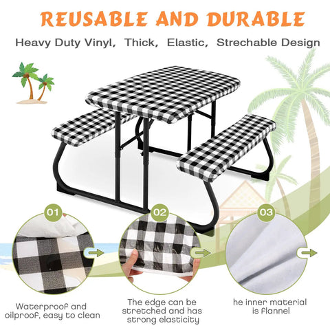 Outdoor Picnic Table Cover Set With Bench Covers 3 Piece Waterproof Vinyl Fitted Tablecloth Black And White Checkered Design