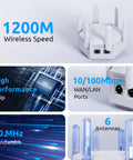 Massive WiFi Coverage Extender Boost With Dual Band Five GHz And Two Point Four GHz Repeater Delivers 1200 Mbps Supports Up To Sixty Devices
