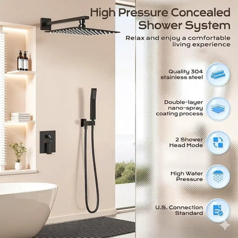 Slick Matte Black Shower Faucet Set With 10 Inch Rain Head And Handheld Sprayer, Boasting Top Shelf Pressure Balance For Zero Sweat Temperature Control In Any Home Setup