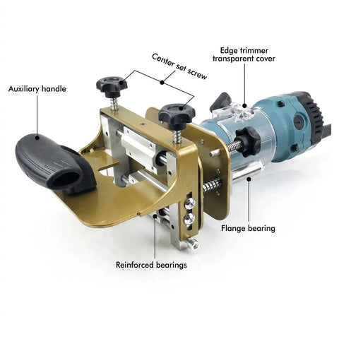 Rugged Mortise And Tenon Jig With Greaseless Linear Track For Router Slotting Locator Adjustable Woodworking Joinery Guide with auxiliary handle and reinforced bearings.