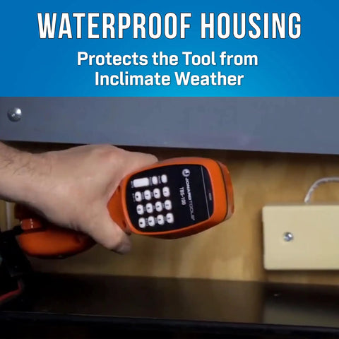 Person holding Go To Analog Telephone Line Tester Butt Set With ABN Clips in red waterproof housing next to a panel.