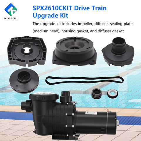 Drive Train Upgrade Kit for 1 and a Half HP Pool Pumps SPX2610CKIT components displayed near a pool