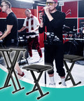 Double X Keyboard Stand And Piano Bench Set with musicians; height adjustable, rock solid steel construction