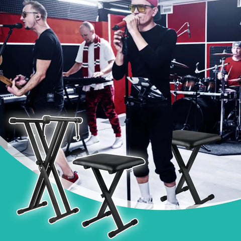 Double X Keyboard Stand And Piano Bench Set with musicians; height adjustable, rock solid steel construction