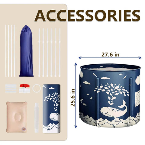 Portable Folding Bathtub For Adults, Japanese Style Soaking Spa With Thermal Foam, accessories and dimensions shown, Whale Blue