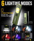 Flat EDC Rechargeable Pocket Light With Clip On Magnetic Base, 0.39 inch thick, showing 6 lighting modes, perfect for repair and camping.