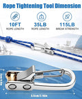 12 Pack Rope Tightening Tools With Locking Tensioners Set For Camping Boating Tents And Vehicle Cargo Heavy Duty Nylon Paracord Adjusters 10 Ft Ropes Blue showing dimensions and tensioner