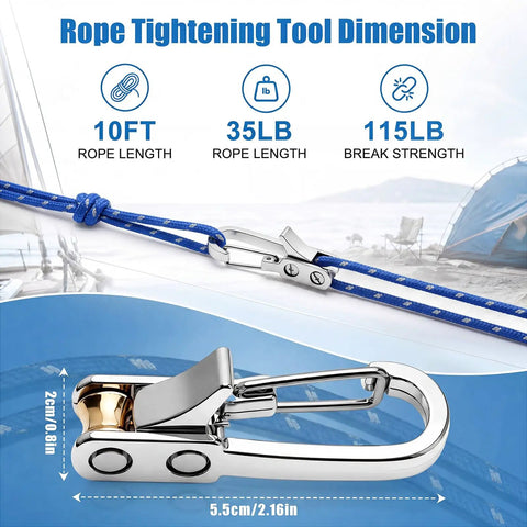 12 Pack Rope Tightening Tools With Locking Tensioners Set For Camping Boating Tents And Vehicle Cargo Heavy Duty Nylon Paracord Adjusters 10 Ft Ropes Blue showing dimensions and tensioner
