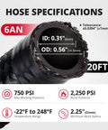 6AN Nylon Braided Fuel Line Kit 20ft Black With CPE Inner, 304 Steel Wire hose specifications showing dimensions and ratings