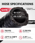 Kickass 6AN Braided Fuel Line Kit for LS Swap and EFI Conversion, 20ft hose specifications, ID 0.31in, OD 0.56in