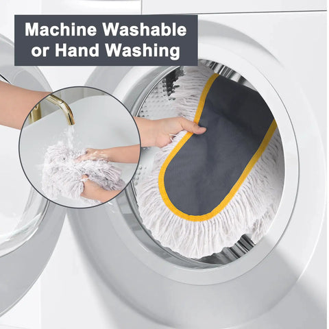 Machine washing the washable cotton pad of Straight Up 24 Inch Commercial Dust Mop Heavy Duty Floor Duster in a washing machine.