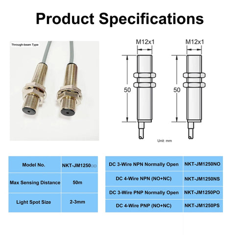Ultra Compact Photoelectric Switch With Laser Beam, Through-Beam Reflective Optical Sensor, M12, 0-50M Range, NPN NO, 3-Wire DC12-24V, 650nm Laser, Tiny Footprint, 5ms Fast Response, M12 x 1 sensor with 2-3mm spot and 50mm body