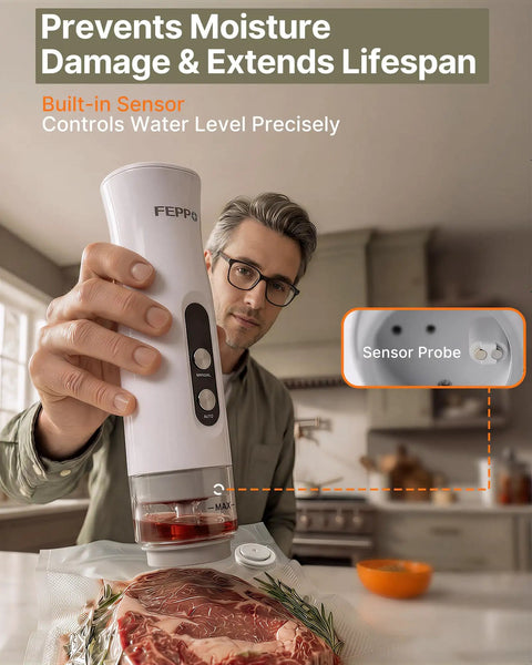 Man using Compact Food Vacuum Sealer With 65KPa Suction, Auto And Manual Modes, sealing steak with portable handheld design.