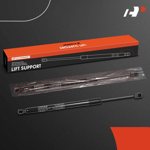 Heavy Duty Rear Tailgate Lift Supports Gas Strut Shocks Pair in packaging with strut displayed on a black surface.