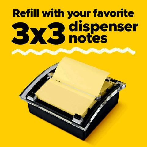 Pop-up sticky note dispenser with one 50-sheet canary yellow 3 in x 3 in pad, black base and clear lid desktop holder